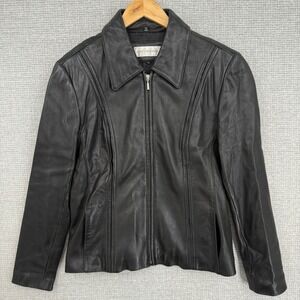 Jones New York Black Leather Jacket‎ Full Zip Women's Size L Classic Punk Grunge